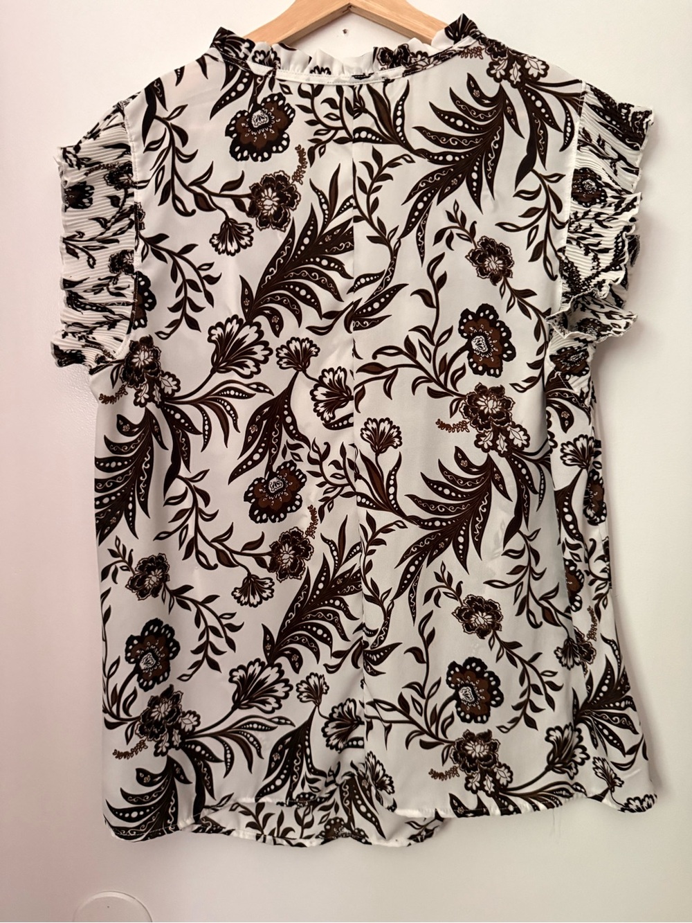 Women's Brown Floral Ruffle Sleeve Blouse - White Background